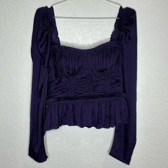 NWT ULLA JOHNSON Mia ruched ruffled satin top Purple Size 10 - Picture 2 of 16